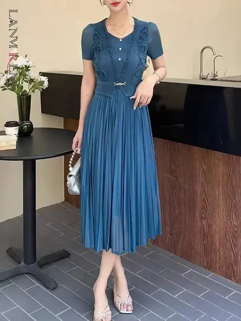 LANMREM Summer Pleated Dress For Women 2025 New Ruffled Panelling‌ Patchwork High Waist Design Blue A-line Dresses Chic 2DB3069