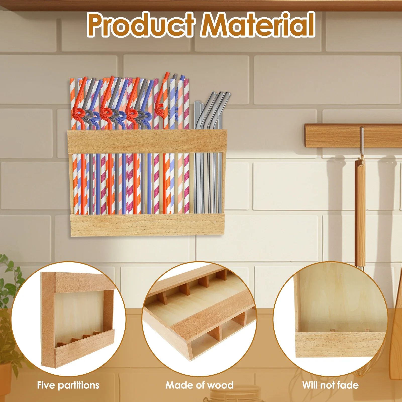 Wooden Straw Holder, Tumbler Straw Wall Mounted Organizer, Cupboard Drinking Straw Rack Storage 4