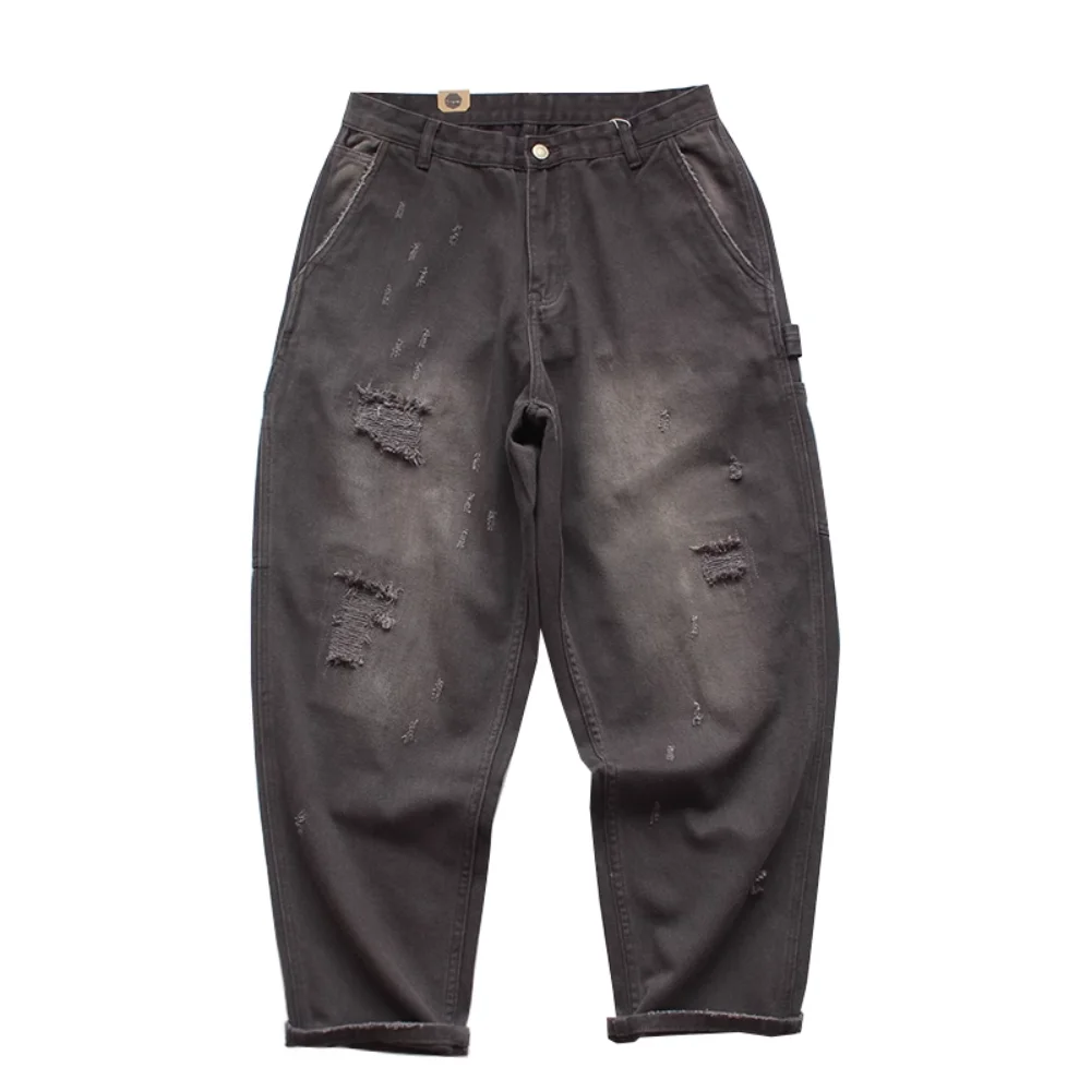 

Cement Gray Men's Retro Loose Straight-Leg Pants with Patched Rips for Fall