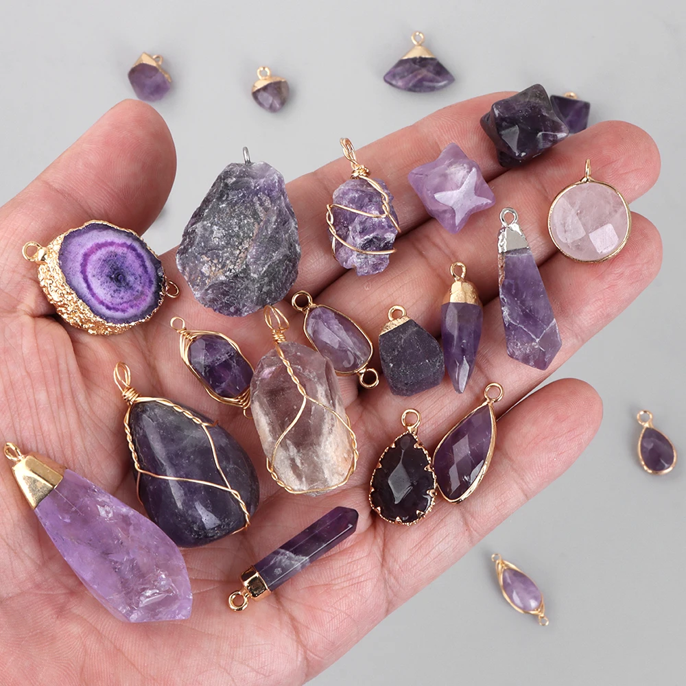 Natural  Amethysts Stone Pendants Purple Quartzs Crystal Irregular Healing Charms for Jewelry Making Diy Necklace Earrings