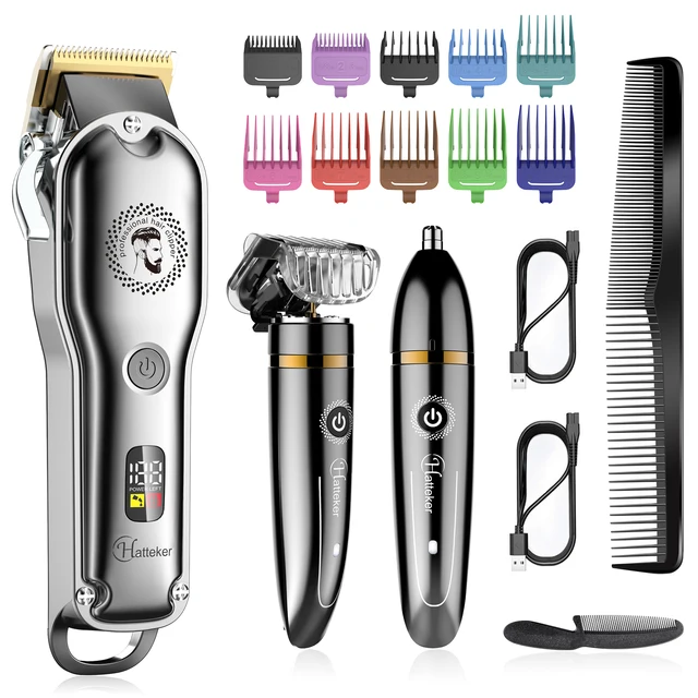 HATTEKER Professional Hair Cutter Kit - Barber Shop Strong Power Hair Clipper Rechargeable Beard Trimmer Set 3-Piece Suit 1