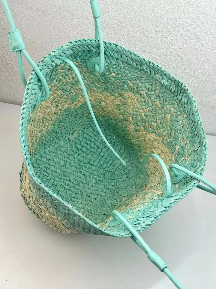 2024 New luxury woven Sand Luxury high capacity vacance women bag basket bag material silver grass and cowhide