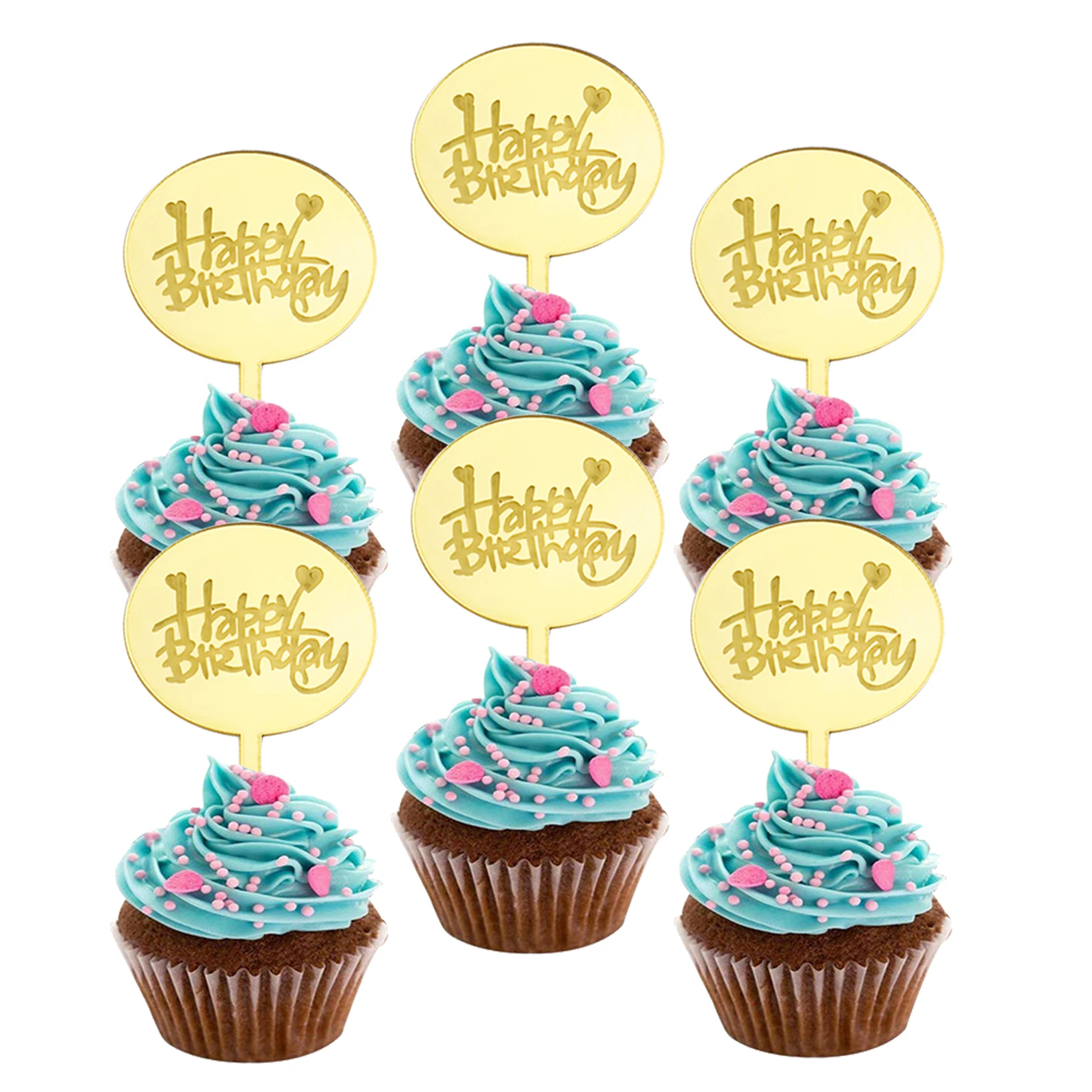 

8pcs Acrylic Circular Happy Birthday Cake Topper Rose Gold Silvery Cake Vertical Topper Birthday Party Baby Shower Decorations