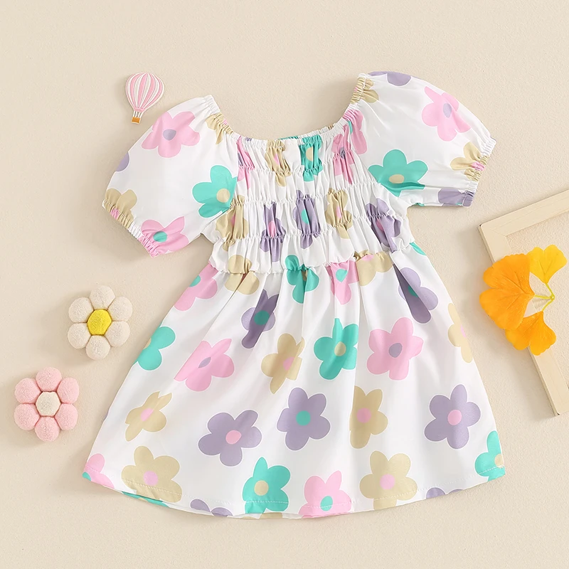 

Floral Dress Toddler Girl Puff Short Sleeve Off Shoulder Sundress Elastic Square Neck Ruffled Dress Summer Clothes