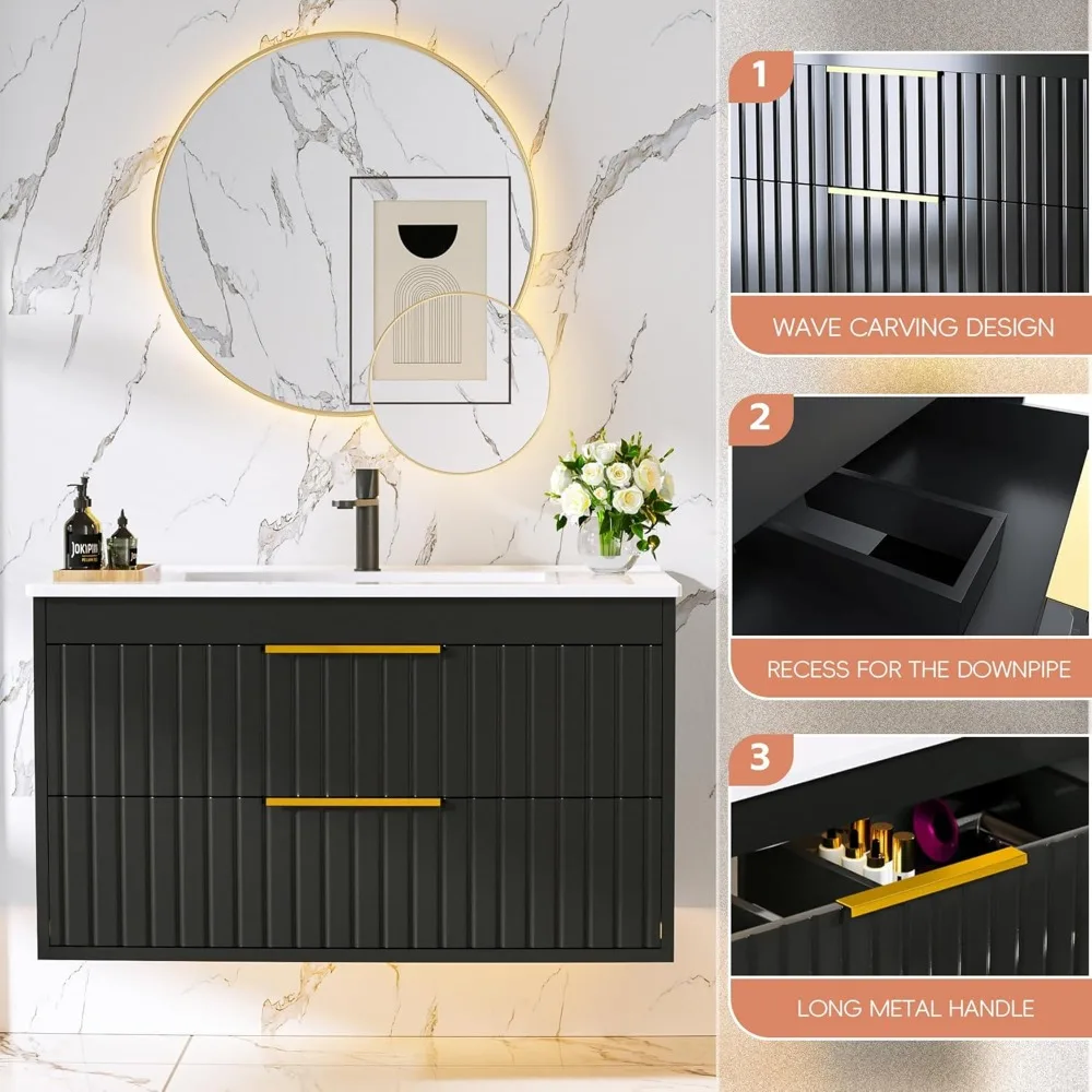 30" Bathroom Vanity with Sink,Vanity Bathroom Sink Cabinet Wall Mount,Soft-Close Function 2 Large Drawers,Hidden Damping Drawers 6