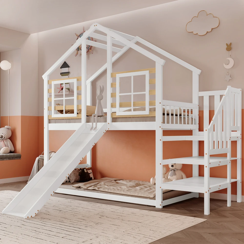Holzbett mit Treppengitter mit Rutsche und Fenster, Holzhaus, Kinderbett mit Crash-Prävention, Bettgestell aus Massivholz – Detail 6