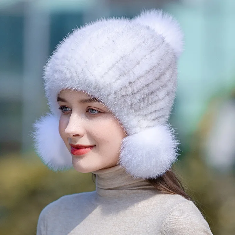 Winter Real Mink Fur Hat For Women Knitted Mink Fur Ear Warm Cap The Spiral Beanies Cap With Fox Pompom On The Top beanie hats fur hats