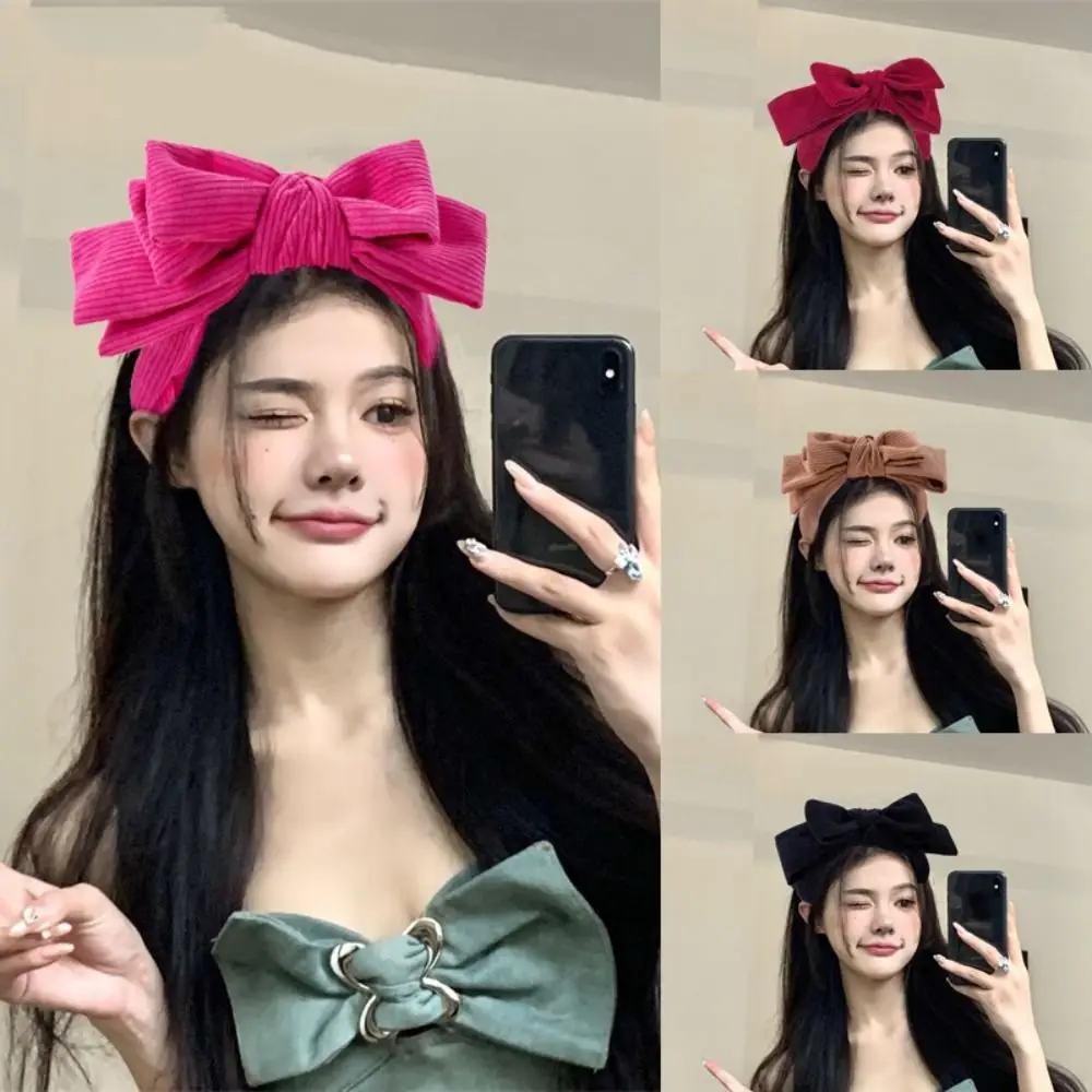 

Elegant Large Bowtie Corduroy Headband Women Face Wash Makeup Fashion Solid Color Temperament Wide Hair Hoop Headwear