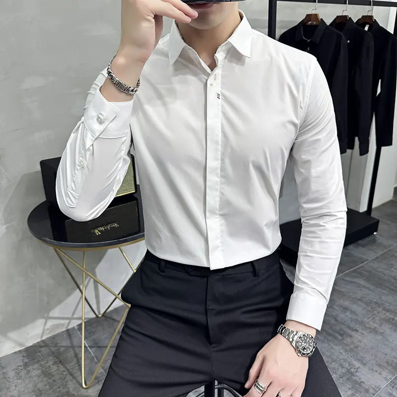 

2023 Spring Solid Color Shirts Men Long Sleeve Business Formal Dress Shirts High Quality Social White Shirt Men Clothing M-8xl