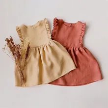 

Girl Summer Dress Cotton Linen Sleeveless Vest Skirt Pure Color Muslin Infant Child Clothing Causal Wear Ruffle Dresses 1-4Y
