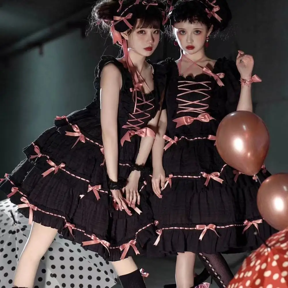Lolita Dress Lolita Suspender Dress Lolita Cosplay Costumes Suspender Dress Summer Japanese Lolita JSK Dress Sweet Lolita Straped Dresses Female Girls TALI Contrast Bow JSK Women Lace Loli Kawaii Dress