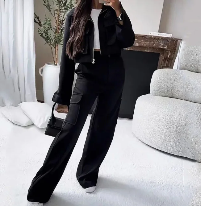 

Women's Fashion Zipper Short Jacket & Slim Cargo Pants Sets Temperament Commuting Woman Elegant Two Piece Suit Outfits for Women