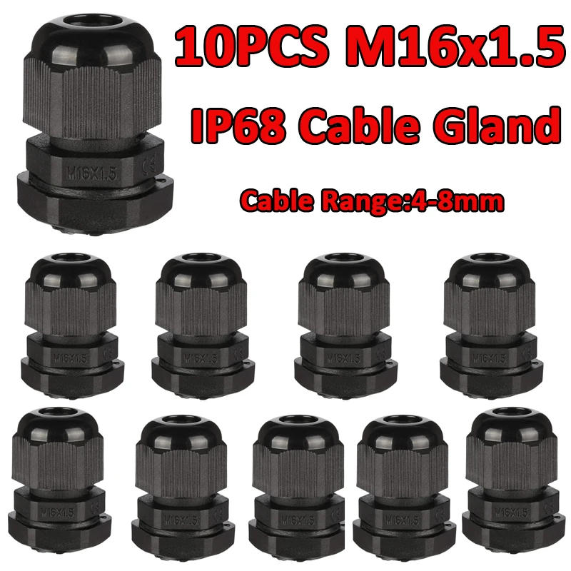 10PCS M16x1.5 Waterproof IP68 Nylon Cable Gland Joint 4-8mm Wire Hole Waterproof Nylon Joint Adjustable Locknut wit Washer Black