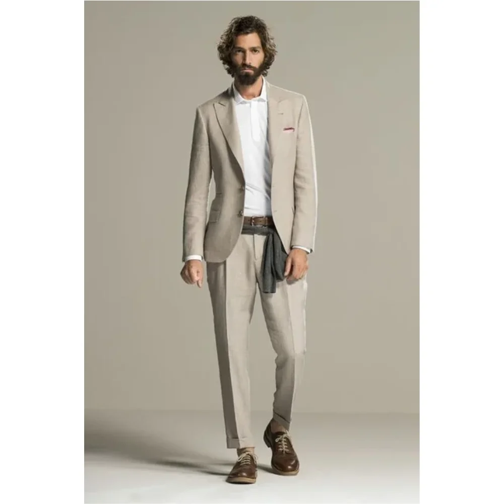 

Костюм для жениха из пиджака и брюк мужской, Бежевое льняное пляжное смокинг, Свадебный Блейзер, костюм для мужчин, стильный комплект из 2 предметов (пиджак и брюки), на лето