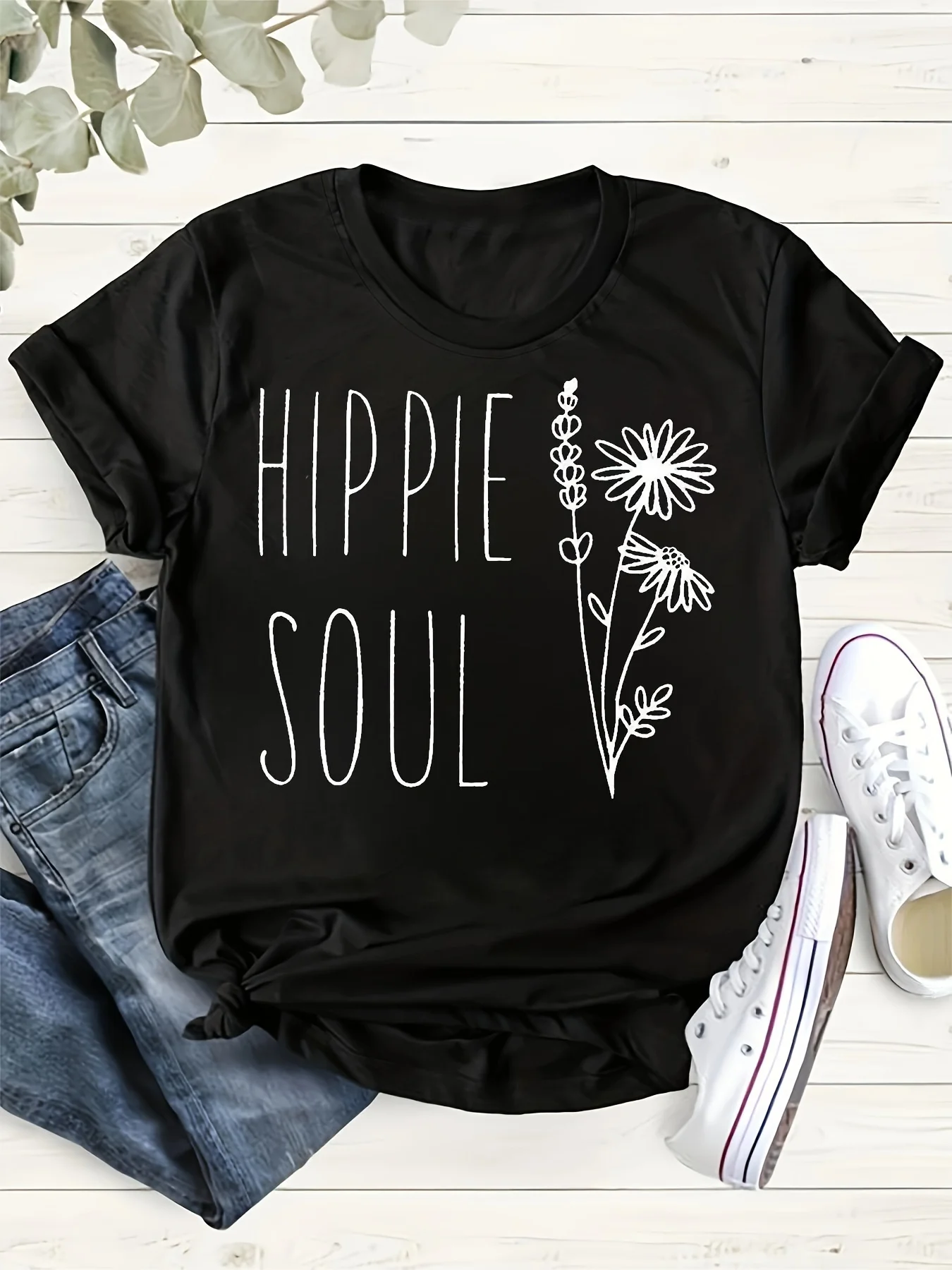 

Hippie Soul Floral Print T-shirt - Women's Casual Crew Neck Short Sleeve Tee
