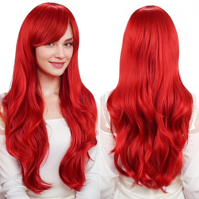 Synthetic Hair Wigs 28 inch colored anime long straight slanted bangs