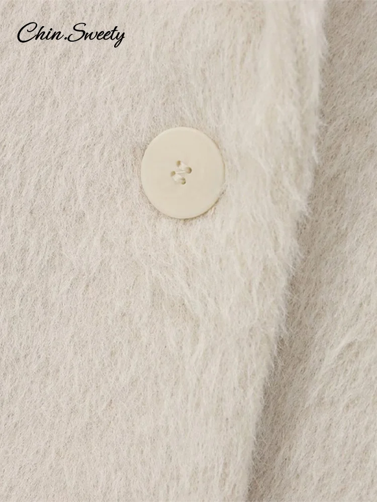 White Mohair Blazer Coat Women Loose Lapel Single-breasted Long Sleeve Thick Warm Jackets 2025 New Office Lady Street Outerwear