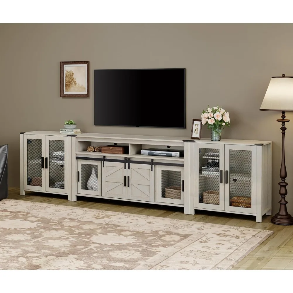 TV Stand Set for 100 inch TV, Farmhouse Storage Units with Open and Adjustable Shelf, Antique White, TVs Stands 3