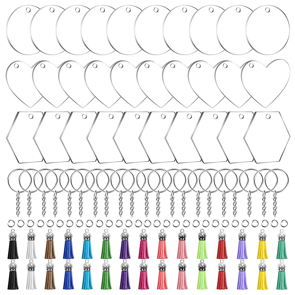 

120Pcs Blank Keychains 3 Shapes Clear Acrylic Disc Leather Tassel Charms Key Chains Jump Ring for DIY Craft Ornament Painting