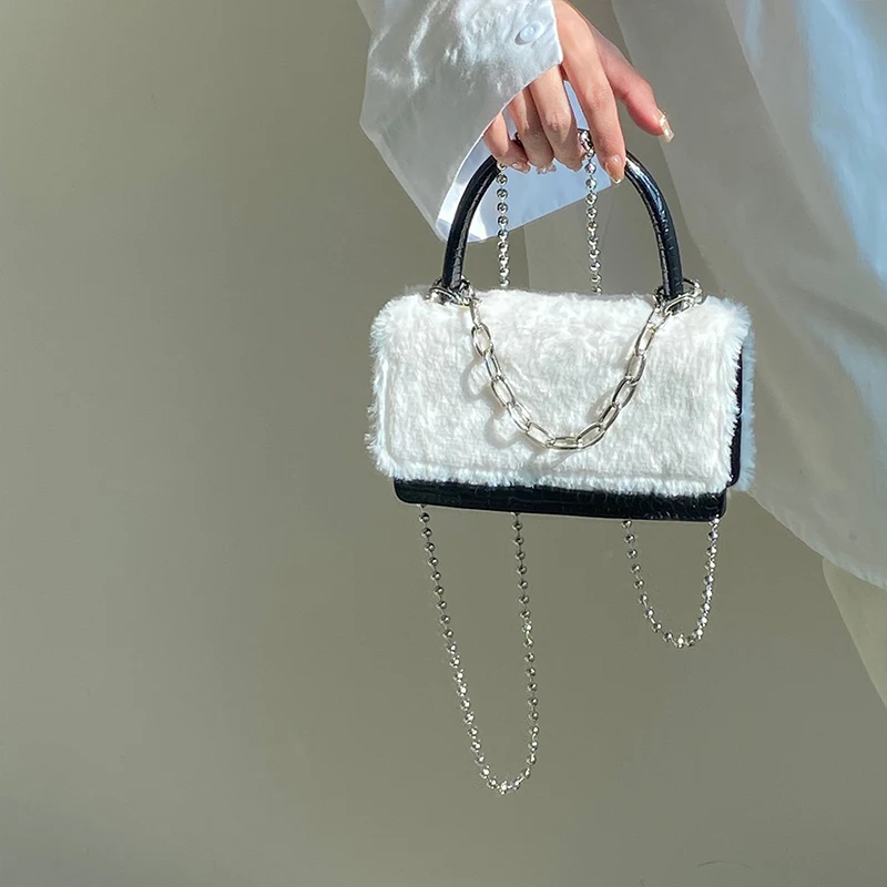 

Plush PU Crossbody Bag 2023 Women's Contrast Stone Pattern Magnetic Buckle Chain Shoulder Bag Advanced Texture Ladies Handbag