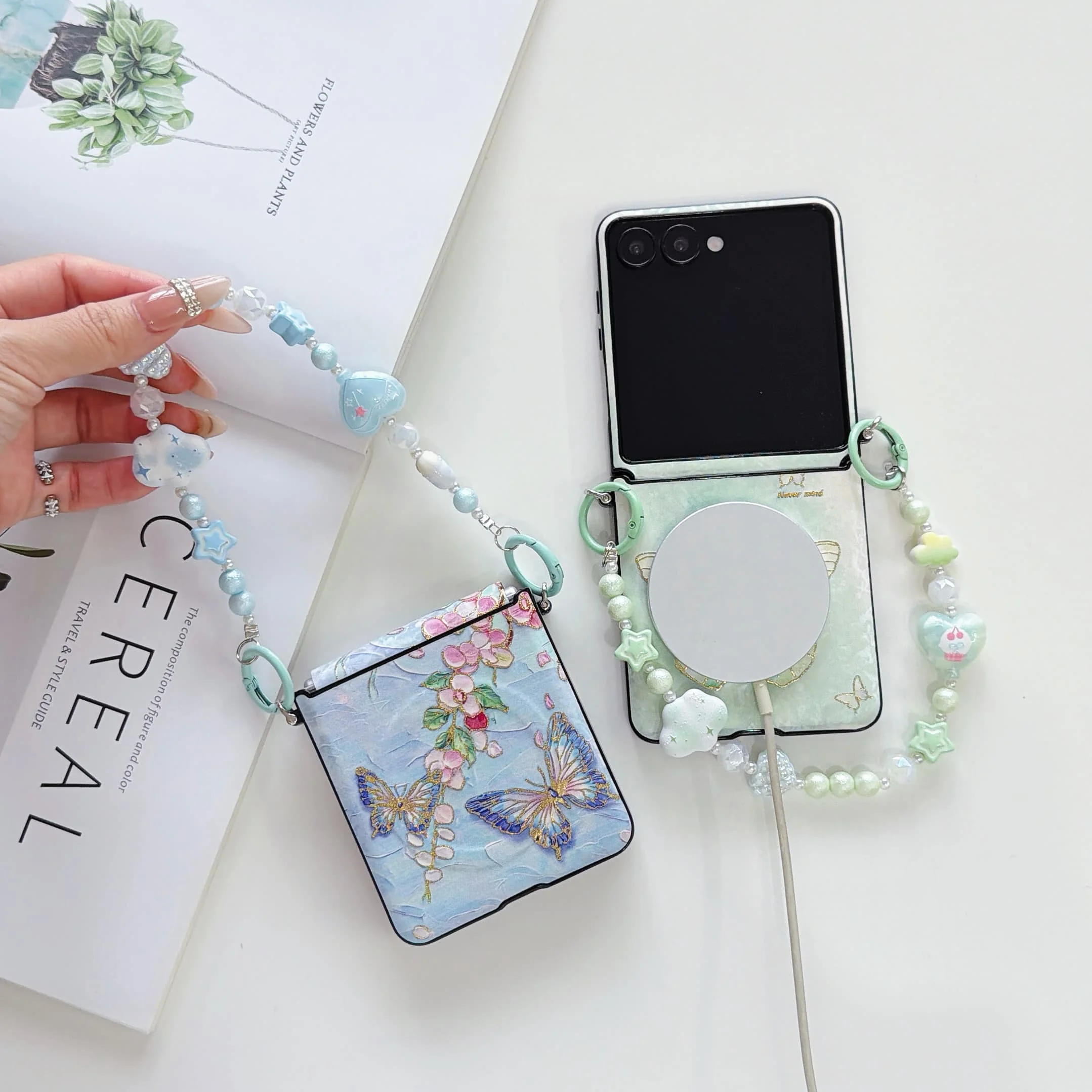 Magnetic Butterfly Pattern Shockproof Case with Flower Pendant Strap and Hinge Protection