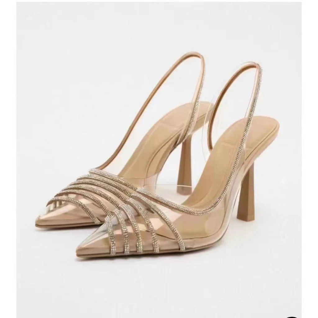 Women high heels shoes summer apricot shiny rhinestone transparent slingback