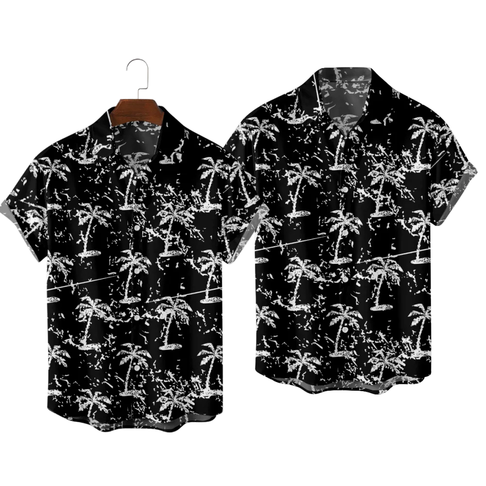 

Hawaiian Shirts for Men Black Color White Cocoanut Trees Short Sleeve Shirts Hawaii Summer Beach Vacation Tops Breathable