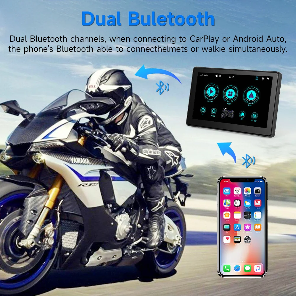 JIUYIN IPX7 Waterproof 7Inch Motorcycle Portable Navigation GPS Screen  Wireless Apple Carplay Android Auto Display Dual BT