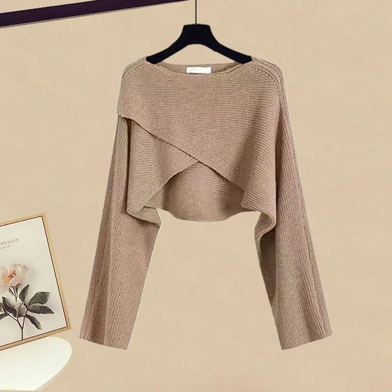 Autumn and Winter Fashion Women's Set New Korean Edition Design Sense Cross Sweater Slim Slim Slim Hanging Dress Two Piece Set