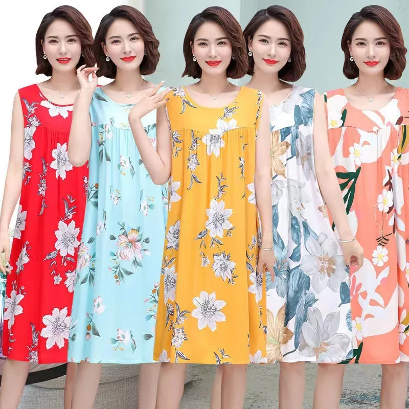 Nightgown Summer Loose Large Size Homewear Dresses Printed Sleeveless Middle-aged Fashion  Breathable Simple Casual Comfortable