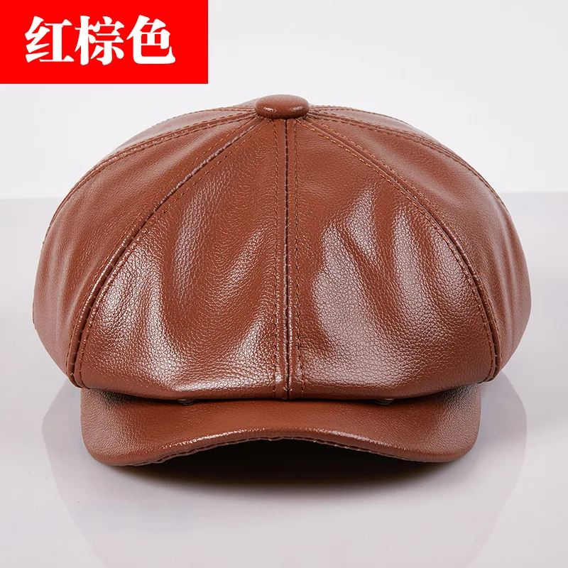 Cowhide Genuine Leather Retro Brown Men's Warm Cap - Spring/Winter Beret Style