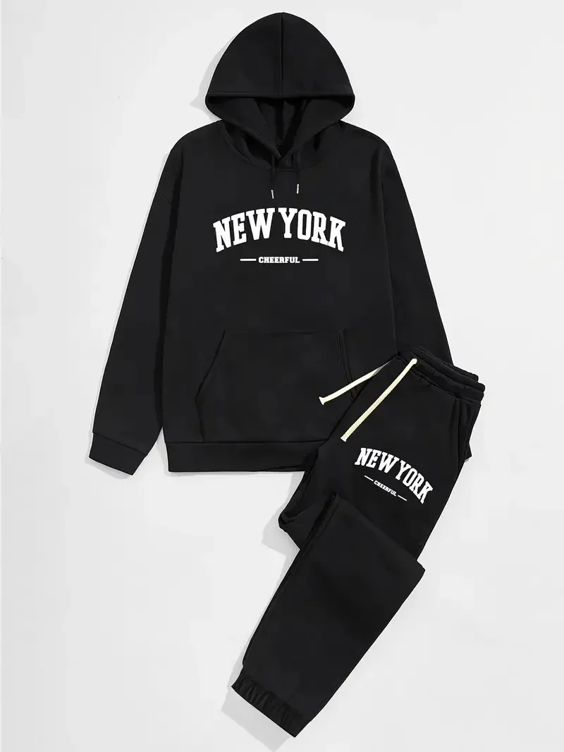 

Men's NEW YORK Letters Print Hoodie Set Fleecs Warm Harajuku Y2k Swearshirt Sweatpant Suit for Male Streetwear Tracksuit