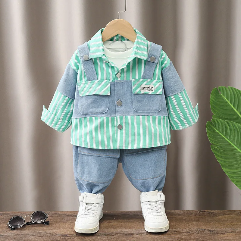 

Baby Boy Fall Clothes Toddler Outfits for Childrens Casual Turn-down Collar Striped Coat + T-shirts + Jeans Boys Sets Clothing