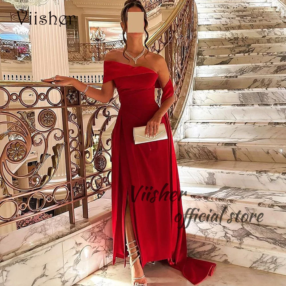 

Viisher Red One Shoulder Evening Dresses with Slit Pleats Satin Arabic Dubai Formal Prom Dress with Skirt Wedding Guest Gowns