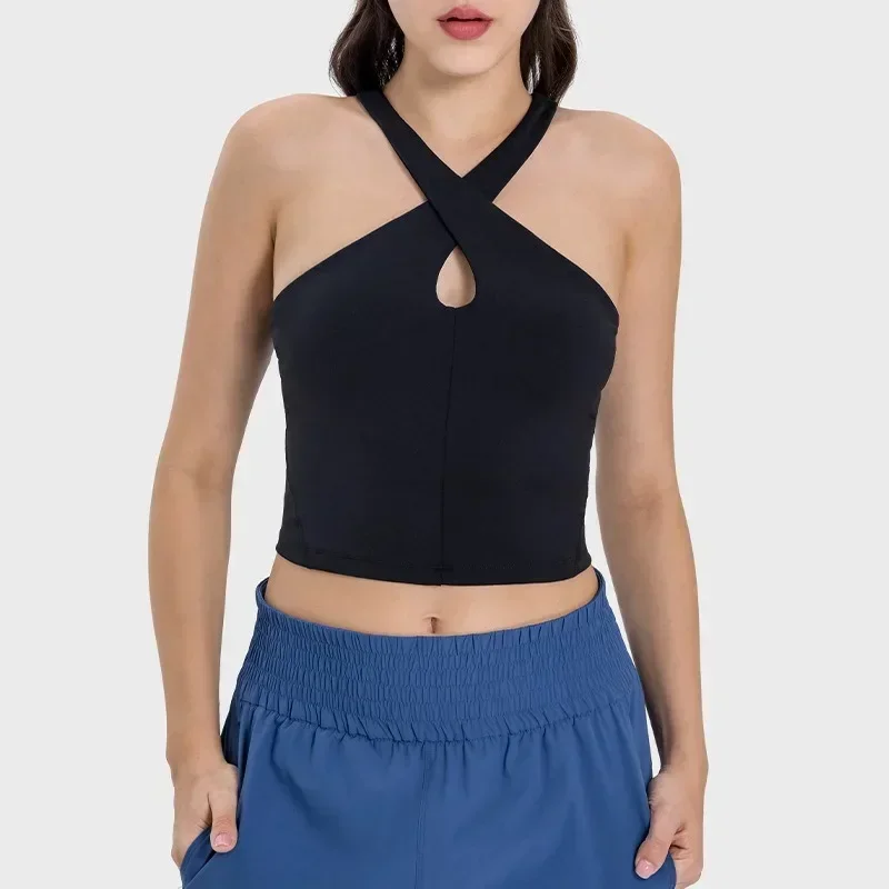 Lemon Tight Fit Cross Strap Tank Top Buttery-soft Four-way Stretch Weightless Strappy Neckline Sports Bra With Removeable Cups