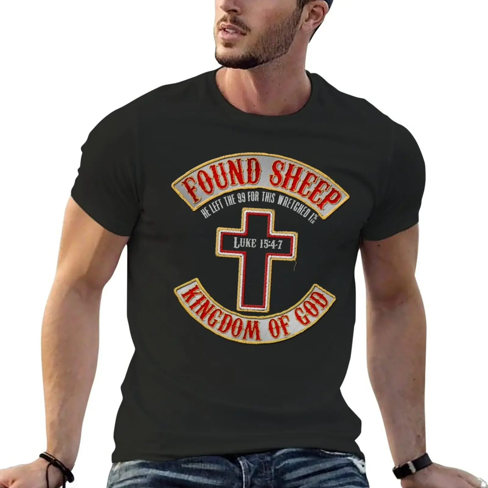 

Found Sheep - Kingdom of God - Faux Embroidered Biker Patch T-Shirt summer top Blouse heavy weight t shirts for men