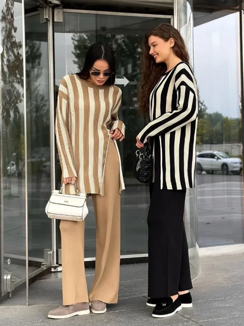 Striped Knitwear Fashion 2 Piece-Set For Women Contrast Long Sleeve Split Straight Trousers Outfits Women's Pants Sets