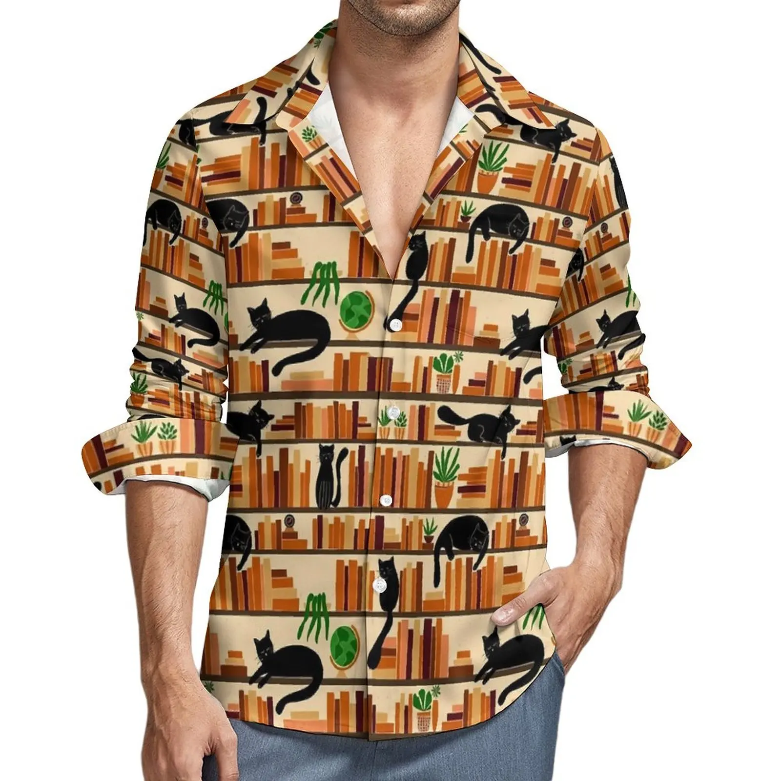 

Retro Library Cats Shirt Autumn Black Kitty Casual Shirts Man Vintage Blouses Long Sleeve Design Streetwear Tops Plus Size 4XL