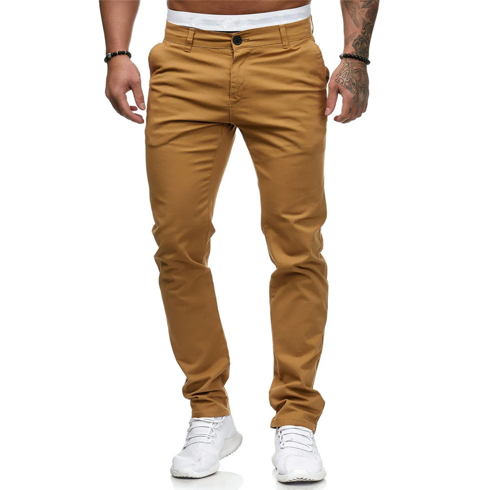 

Men Pants Fashion Casual Mid Waist Slim Pant Solid Pocket Full Length Pantalon Homme Male Clothes Trousers Cargo Baggy Solid