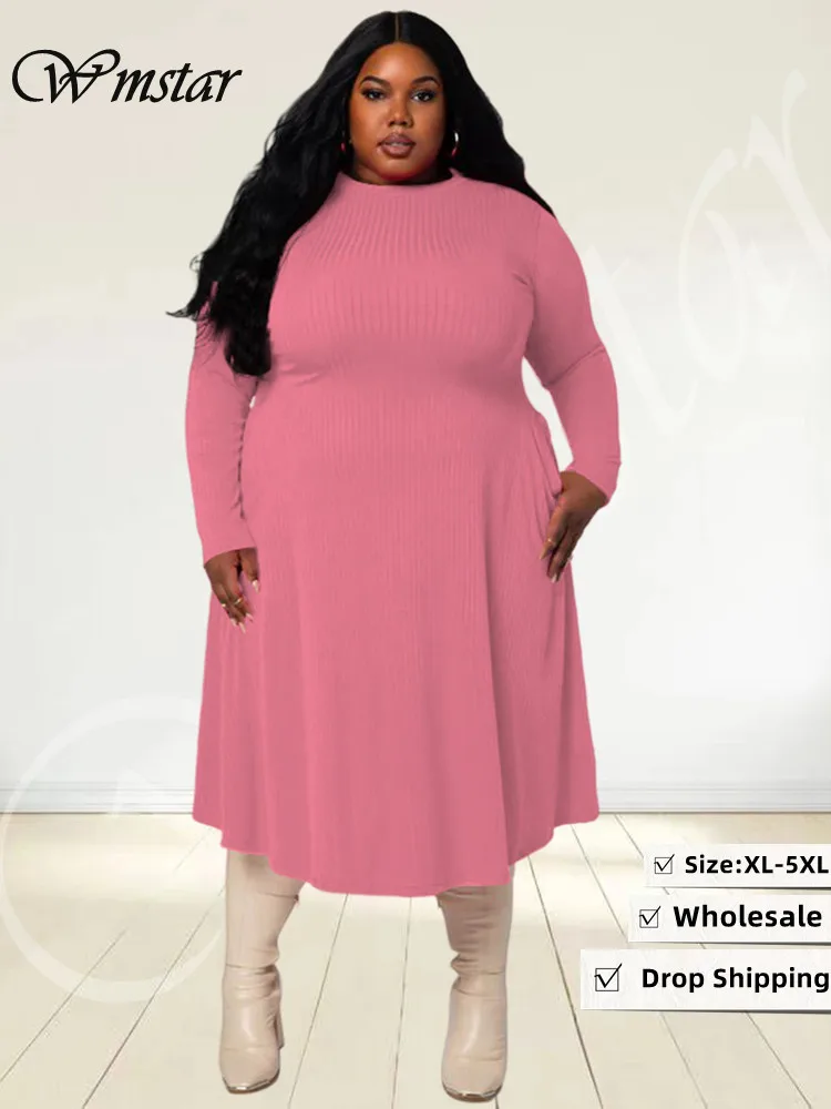 

Wmstar Plus Size Dresses Women Fall Clothes Super Stretch Loose Solid O Neck Long Elegant Maxi Dress Wholesale Dropshipping 2022