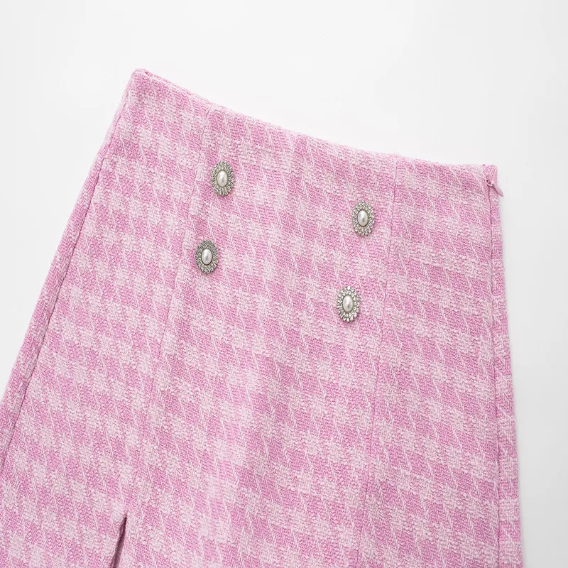 2022 Spring Textured Culottes Houndstooth Pink Small Fragrance Double Breasted High Waist Shorts