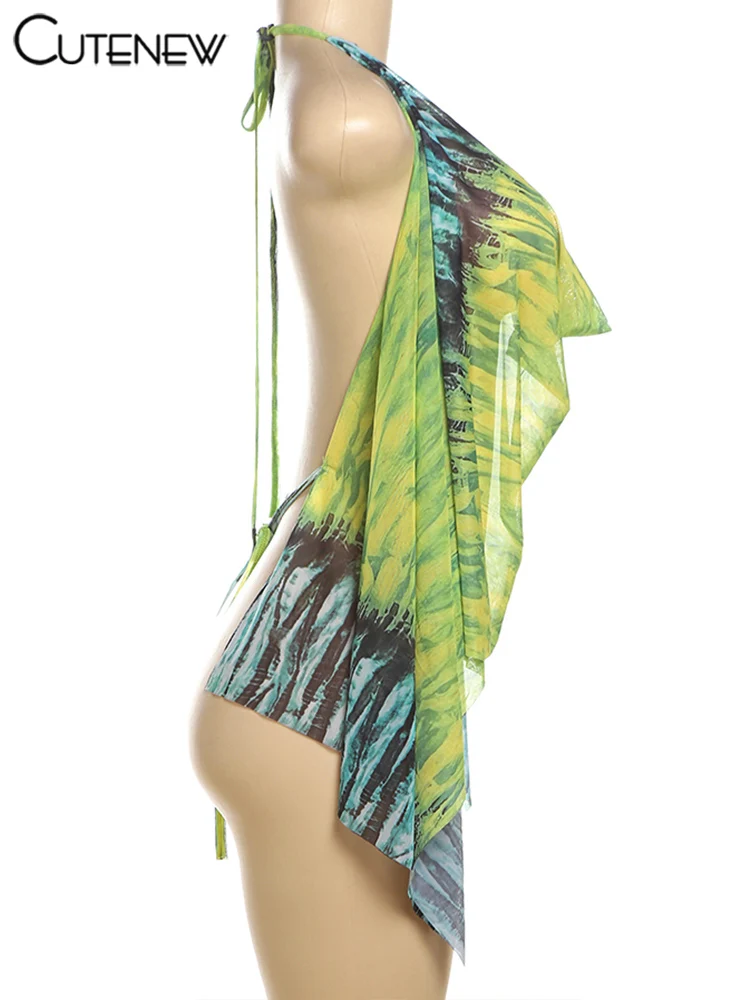 Chic Sexy Women Tops New Stunning Tie Dye Bandage Swinging Neck Ribbons Backless Vest Female Hipster Y2K Club Attirewear