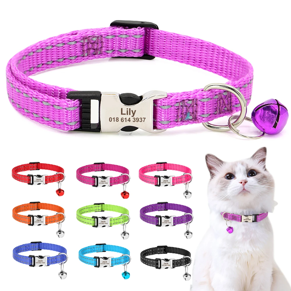

Personalized Cat Collar Reflective Nylon Puppy Cats Collars Adjustable Kitten Small Dogs Necklace With Bell Customized For Cats