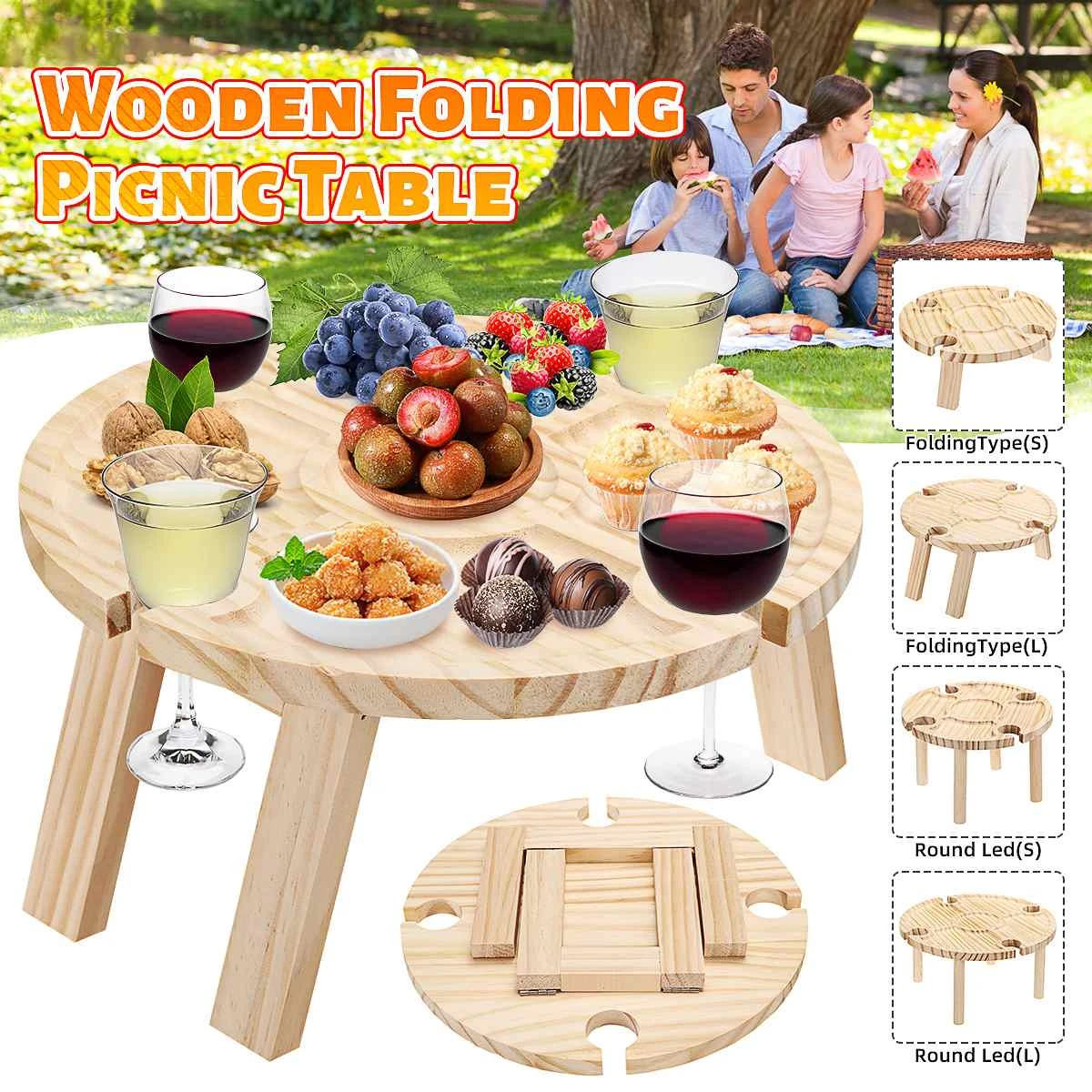 Wooden Outdoor Wine Table Folding Picnic Table With Glass Holder Round
