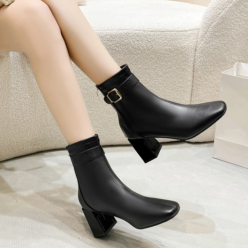 Aphixta 7cm High Heel Black Modern Boots Warm Lining Ankle Boots Women Winter Snow Boot Zip Shoes botas mujer botines Big Size42