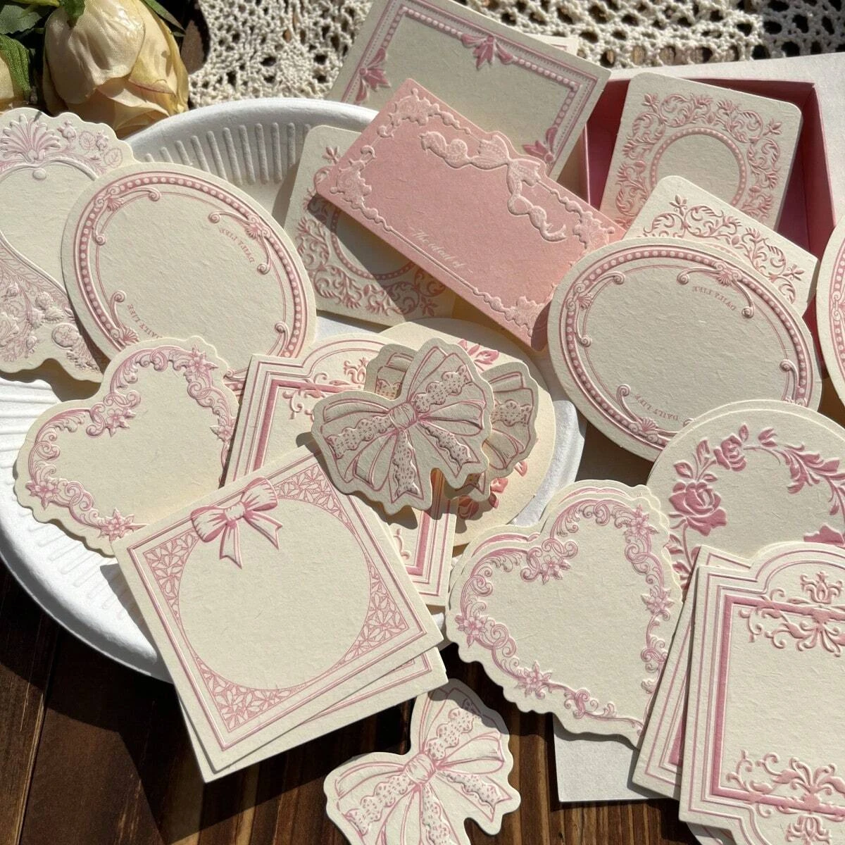 30 specially made thick cow paper notebooks, retro relief printing, with floral bow details frame, print style, diary decoration - 2