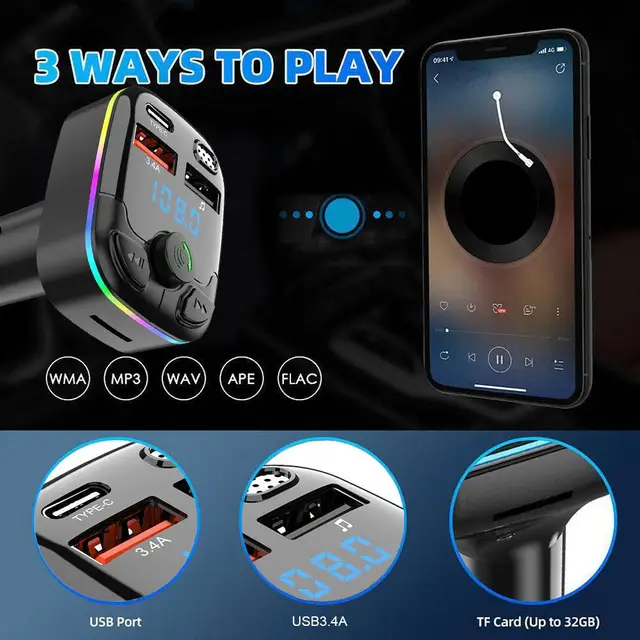 Bluetooth 5.0 Car FM Transmitter PD Type-C Dual USB Ambient Player MP3 Charger Type-C Wireless Light 18W Handsfree PD QC3.0 Y3Z4 6