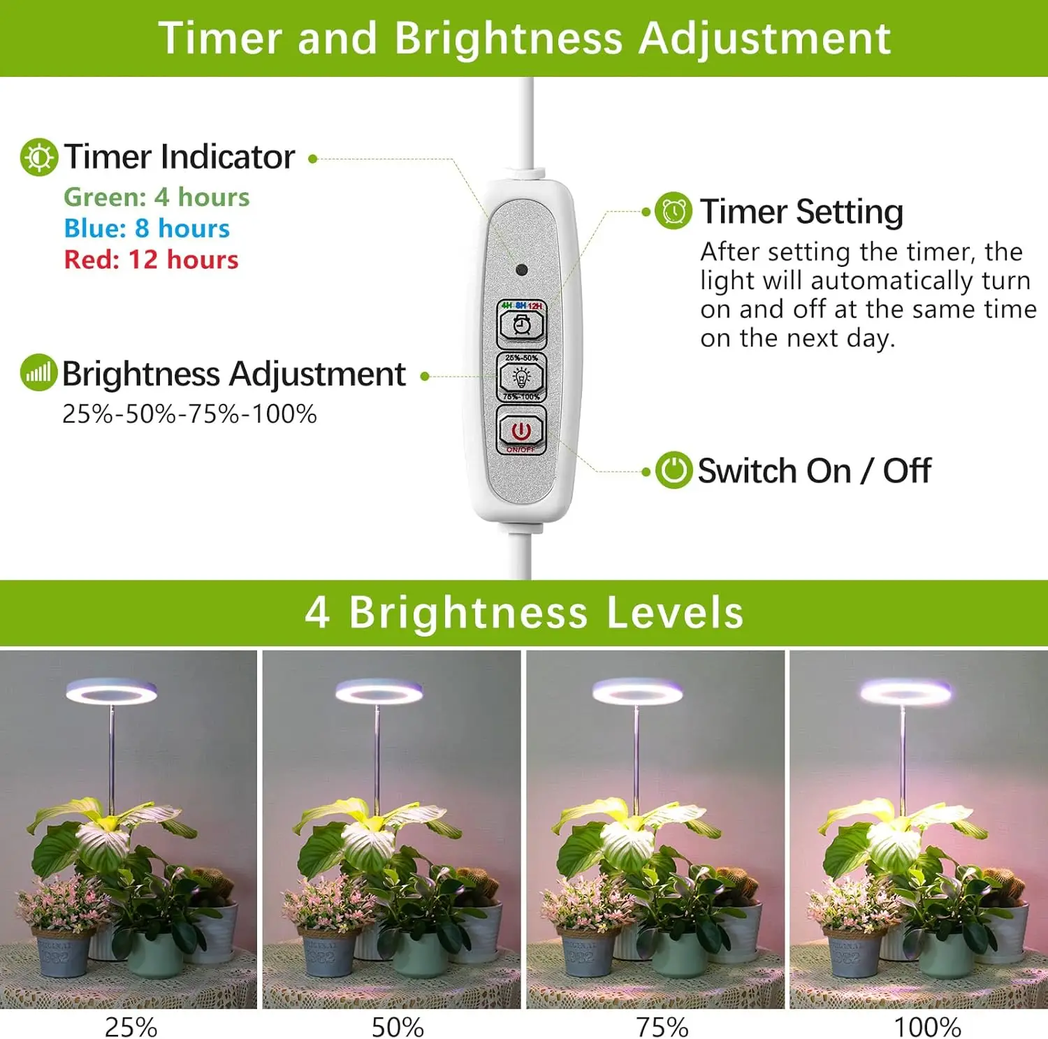 LED Grow Light, for Indoor Fill Light, Full Spectrum Desk Automatic Timer, 4 H/8 H/12 H, 4 Adjustable Levels, Height Adjustable
