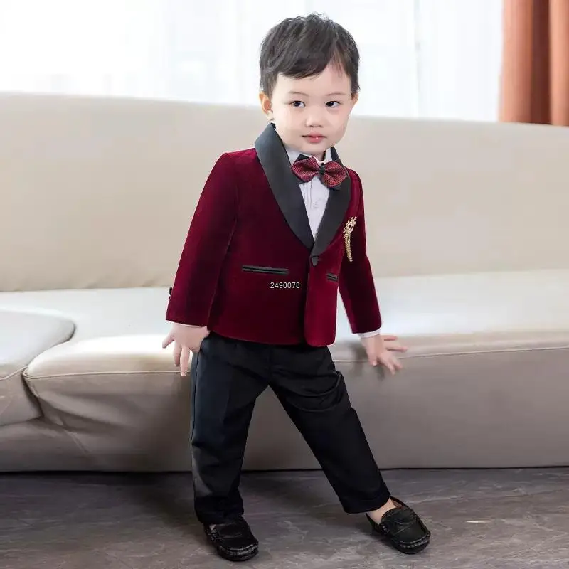 Children Formal Wedding Performance Evening Wear Kids 1 Year Birthday Dress Baby Boys Velvet Blazer Jacket Pants Photograph Suit