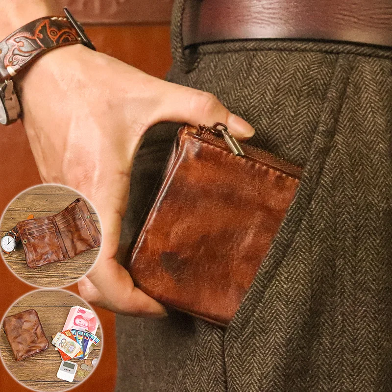 Handmade Leather Vintage Men Short Wallet Coin Card Change Small Purse Wallet